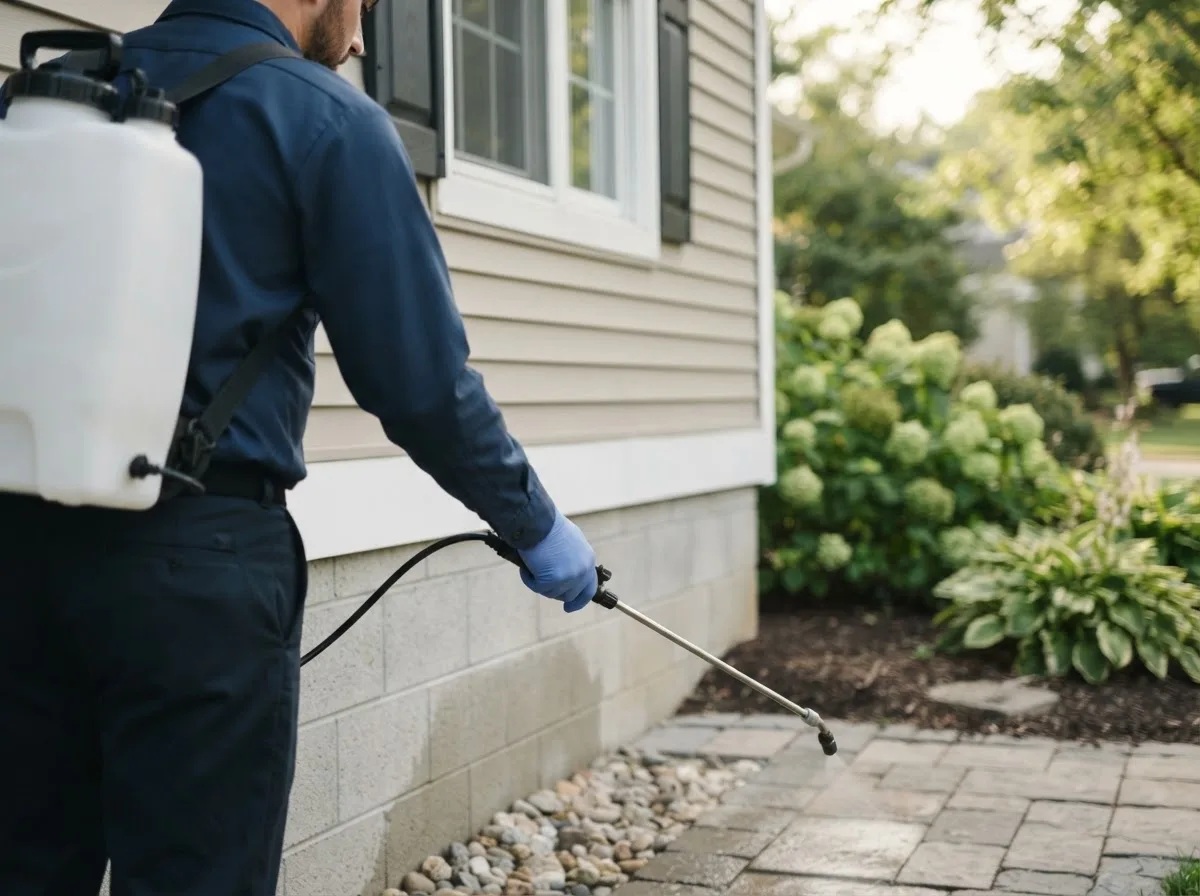 Pest control technician inspecting a home in Fults, IL